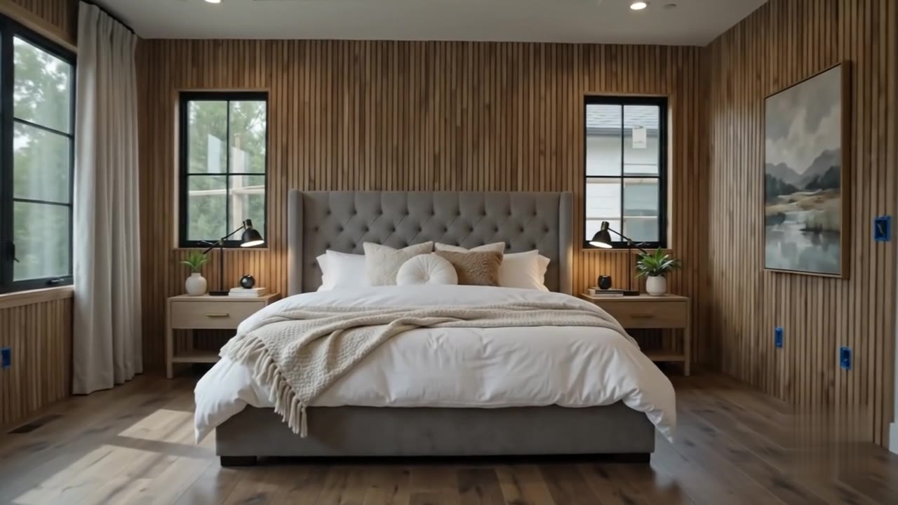 Finished bedroom with wood slat wall and warm lighting