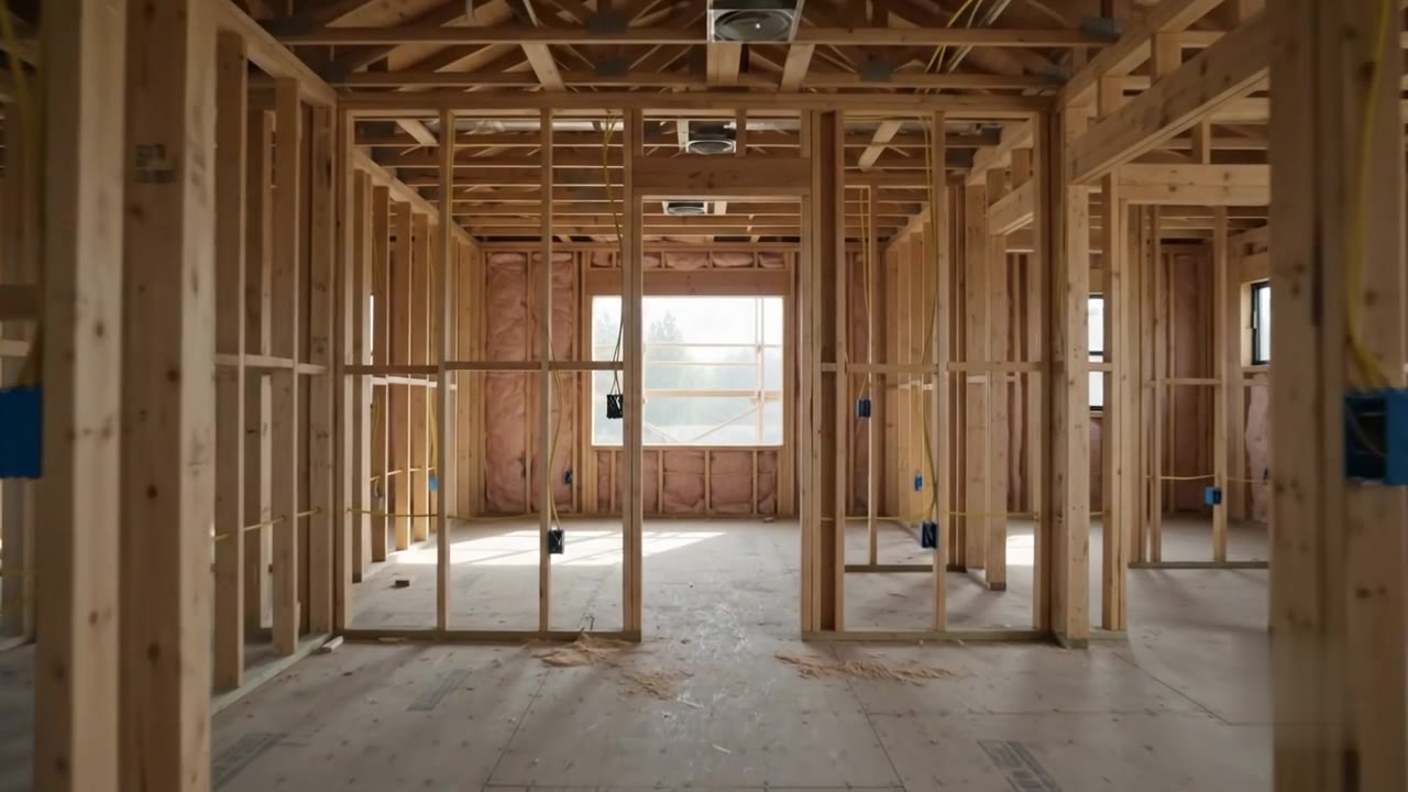 Bedroom during construction, framing exposed